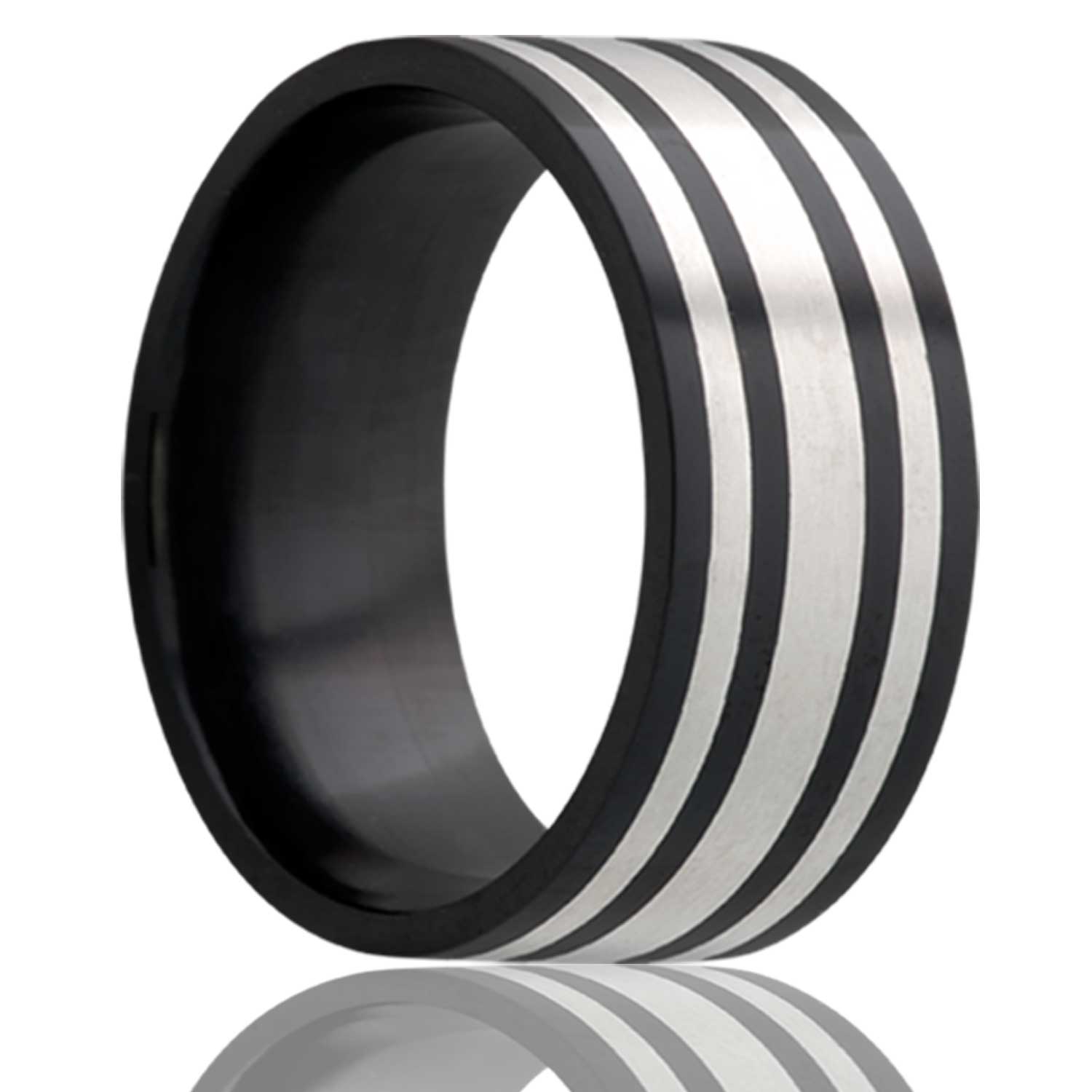 Men's Flat Zirconium band, all high polish with one 2mm argentium silver inlay and two 1mm inlays Wedding Ring