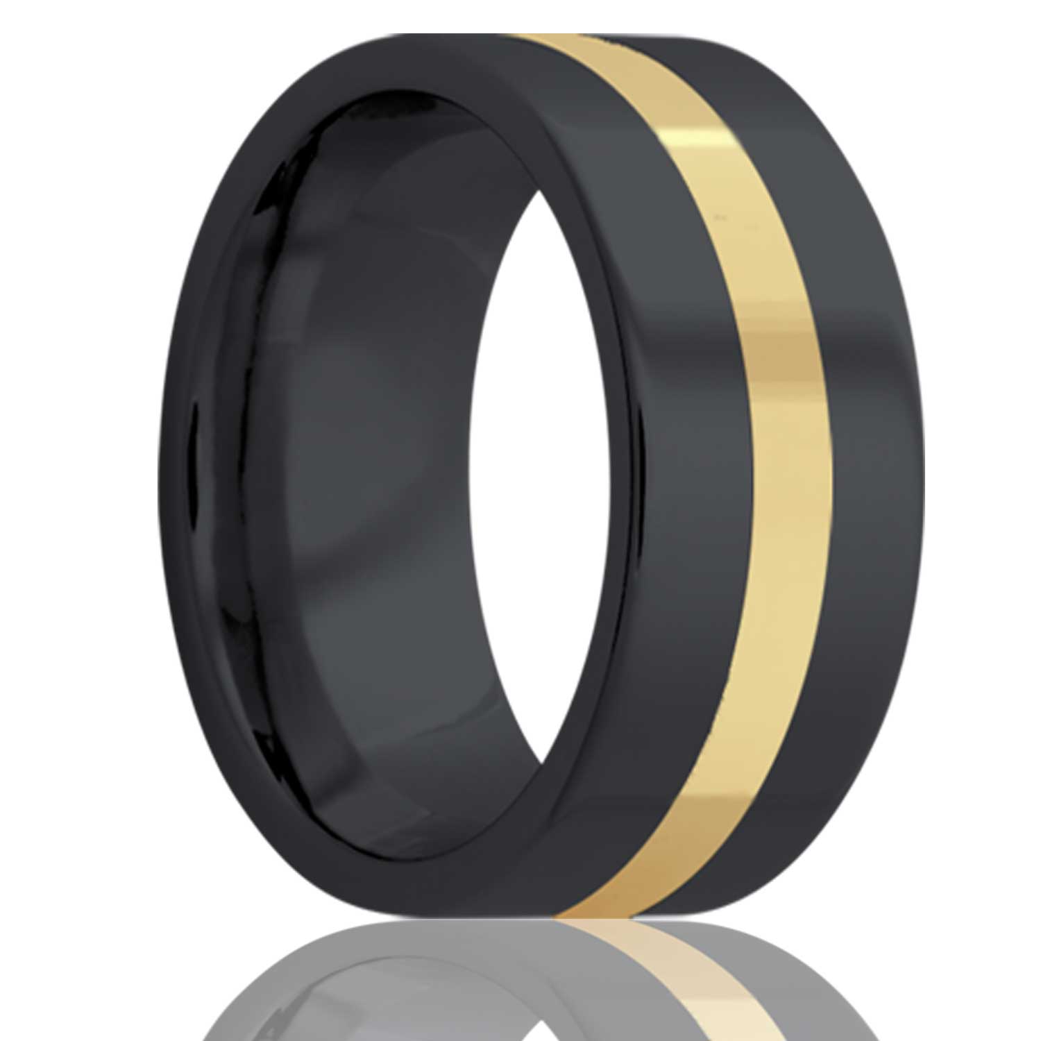 Men's Flat Zirconium band, all high polish with 2mm 14k yellow gold inlay Wedding Ring