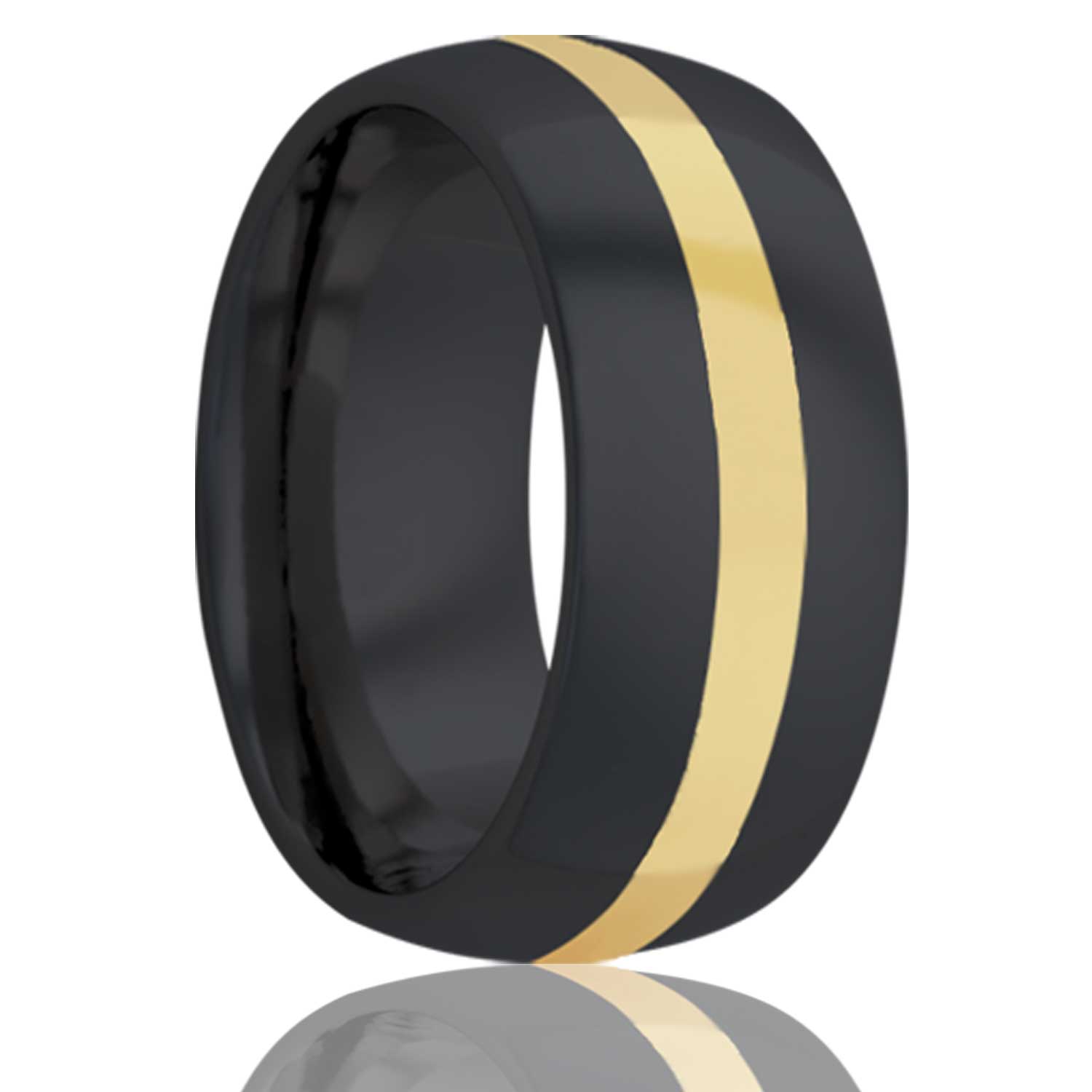 Men's Dome Zirconium band, all high polish with a 2mm 14k yellow gold inlay Wedding Ring