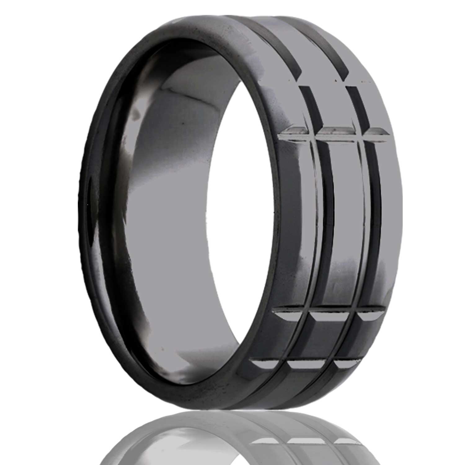 Men's Beveled edge Zirconium ring with a milled pattern wedding ring