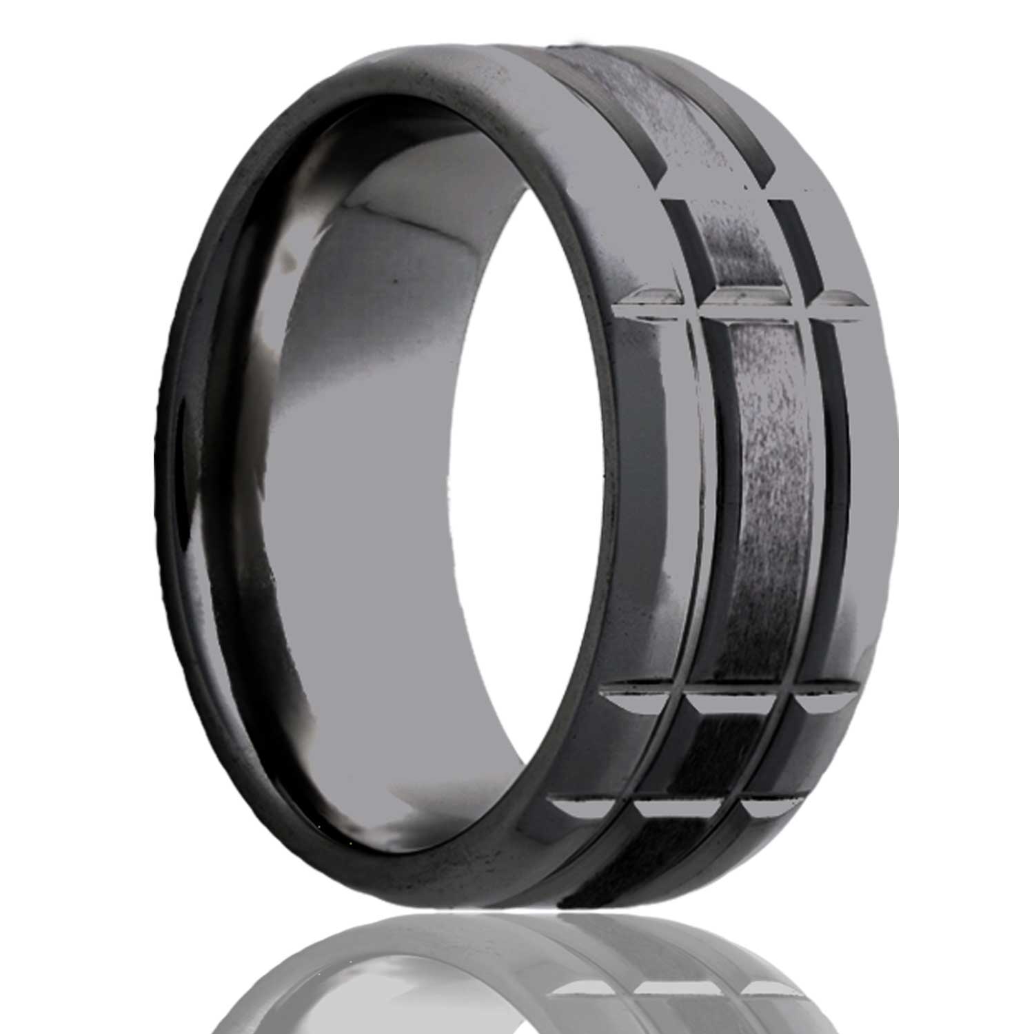Men's Beveled edge Zirconium ring with a milled pattern and a satin finish center wedding ring
