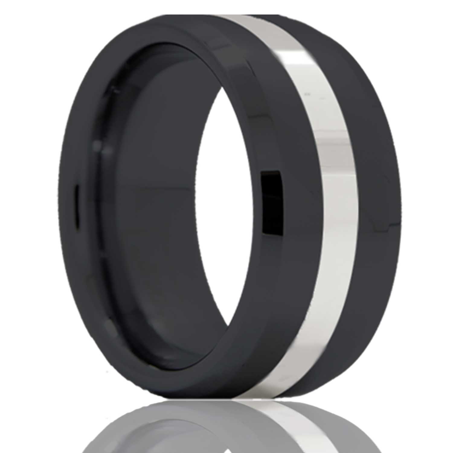 Men's Beveled edge Zirconium band, all high polish with a 2mm platinum inlay wedding ring