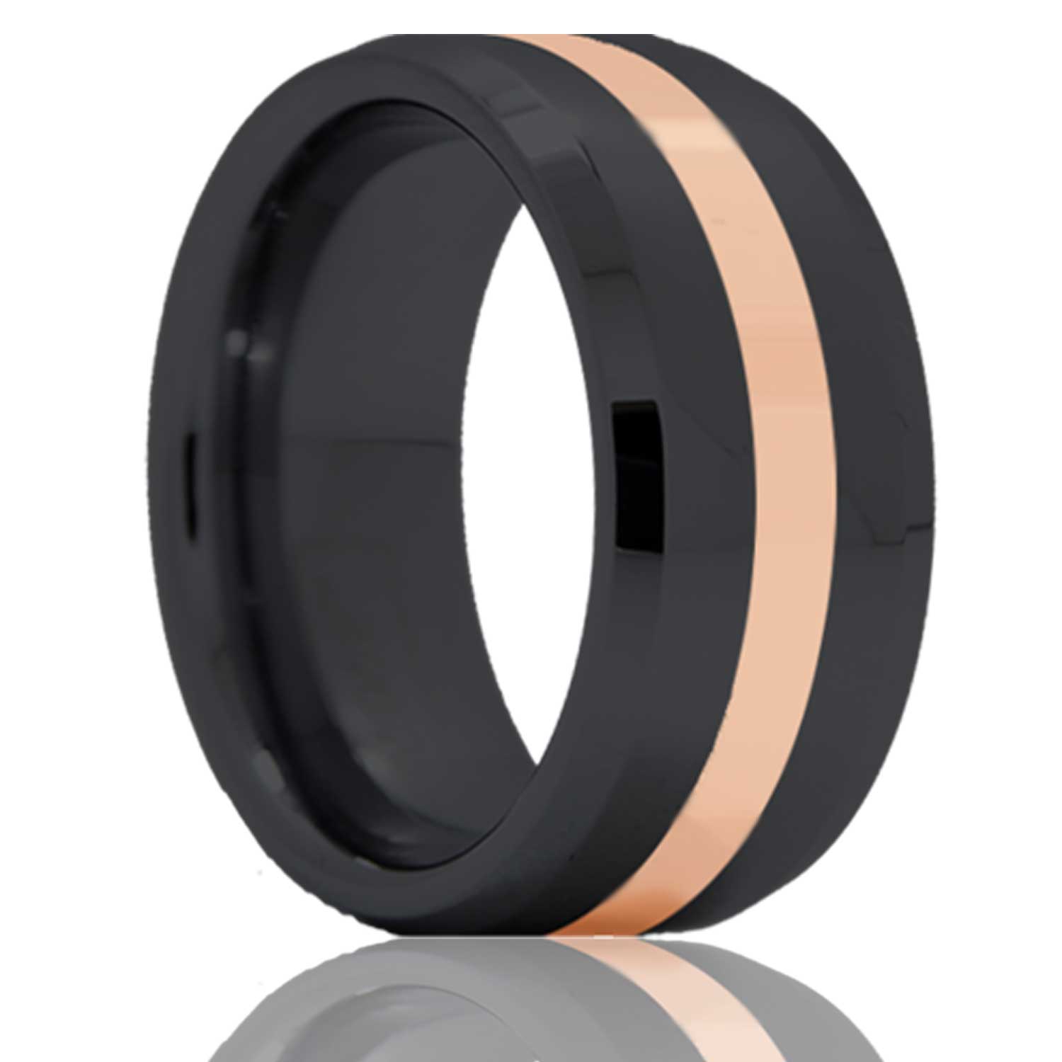 Men's Beveled edge Zirconium band, all high polish with a 2mm 14k rose gold inlay wedding ring