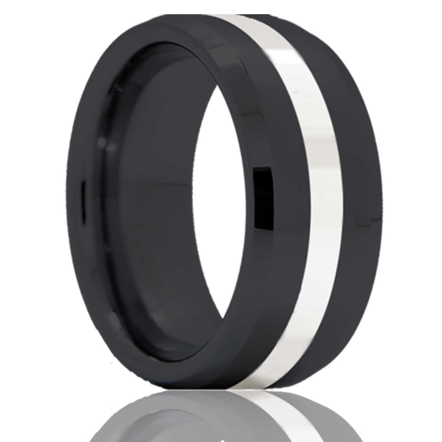 Men's Beveled edge Zirconium band, all high polish with a 2mm argentium silver inlay wedding ring