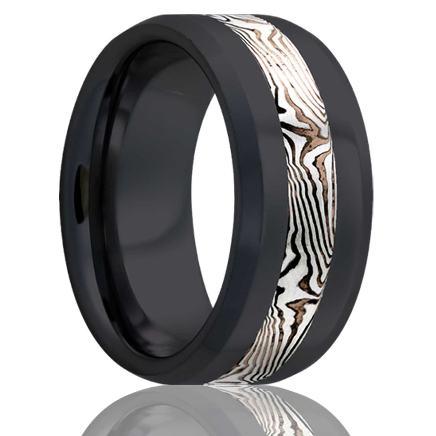 Men's Beveled edge Zirconium band, all high polish with a 3mm mokume gane inlay of sterling silver and shakudo wedding ring