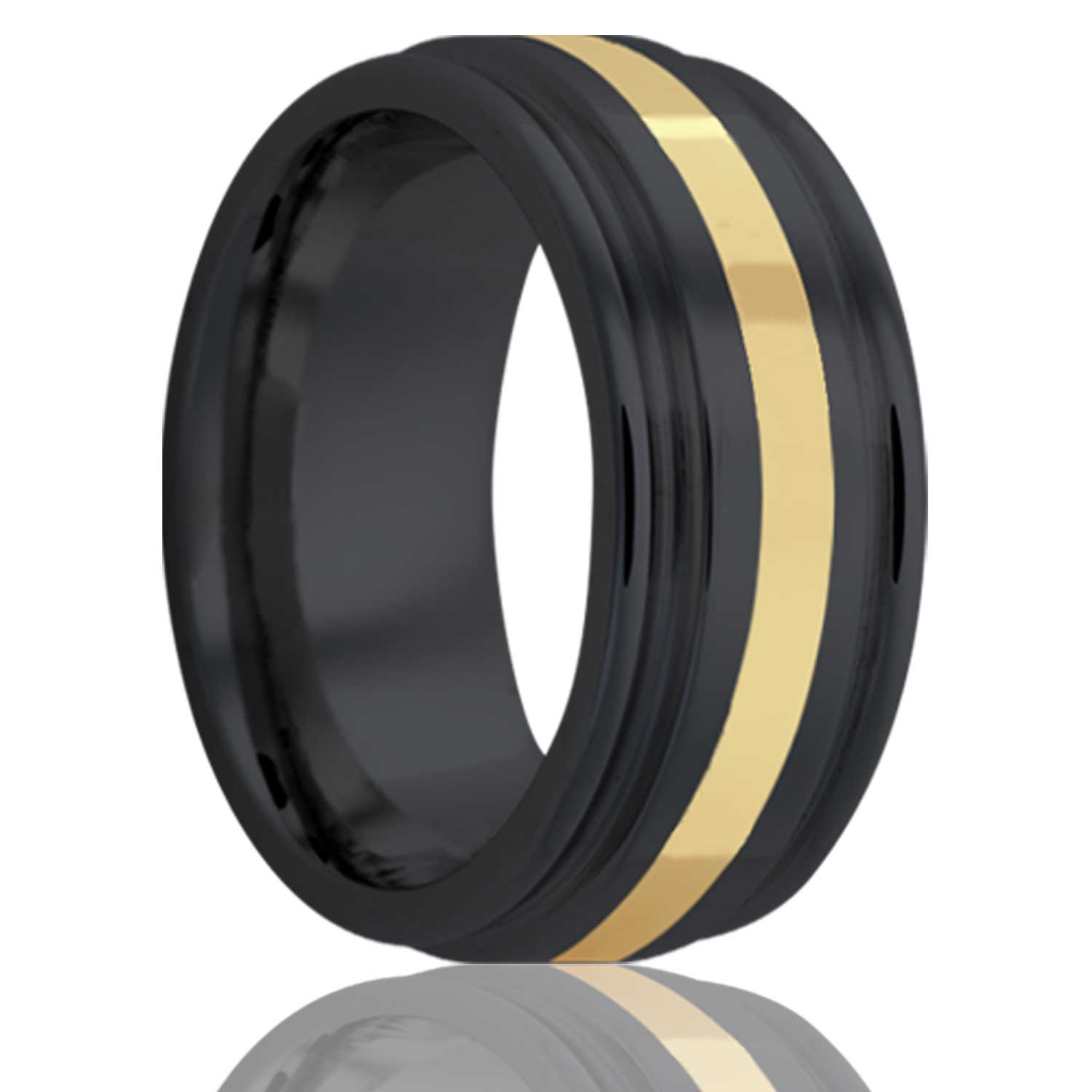 Men's Deep groove Zirconium band, all high polish with a 2mm 14k yellow gold inlay wedding ring
