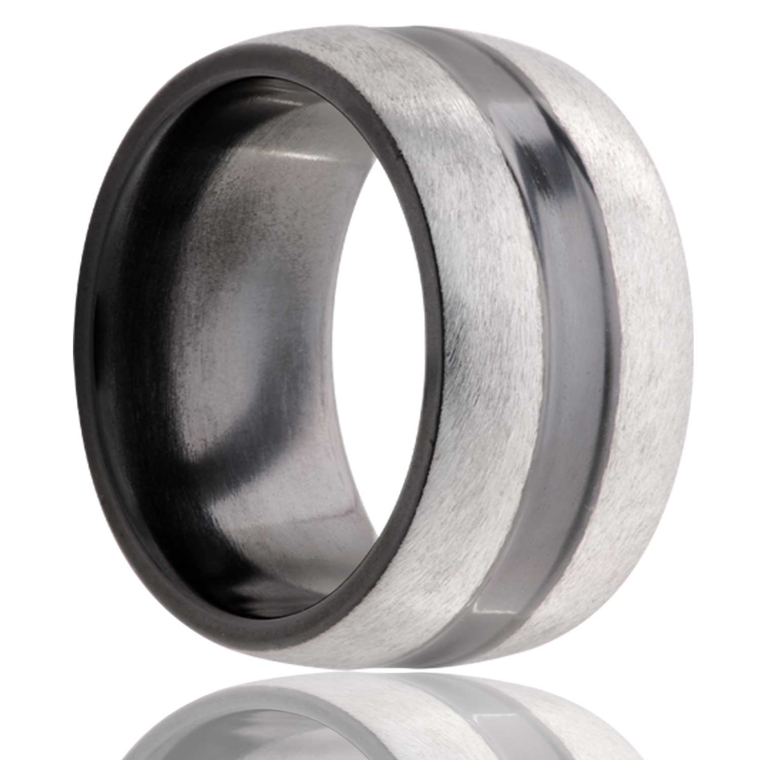 Men's Dome Zirconium band, satin finish edges with a high polish black center section wedding ring