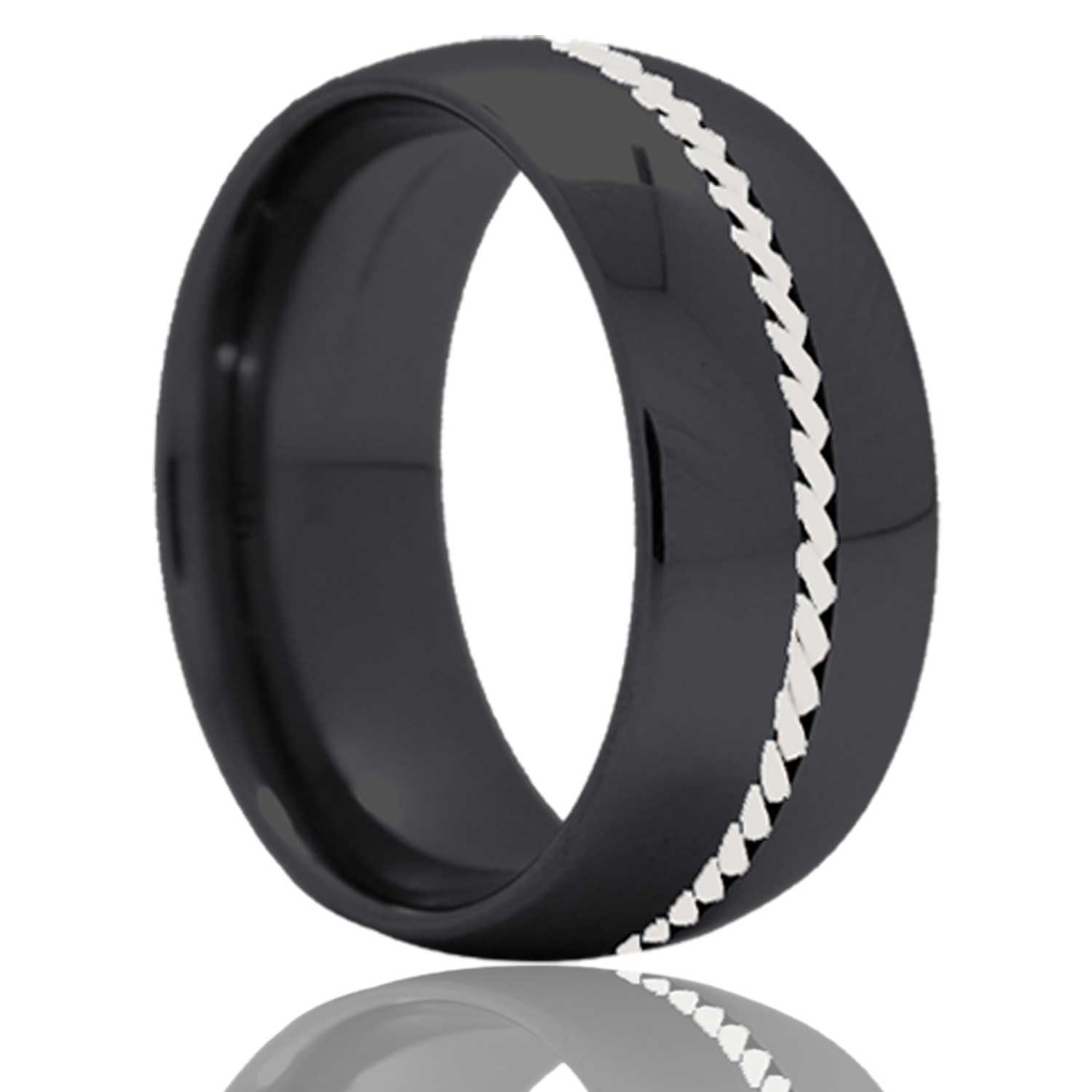 Men's Dome Zirconium band, all high polish with a 1mm hand woven platinum inlay wedding ring