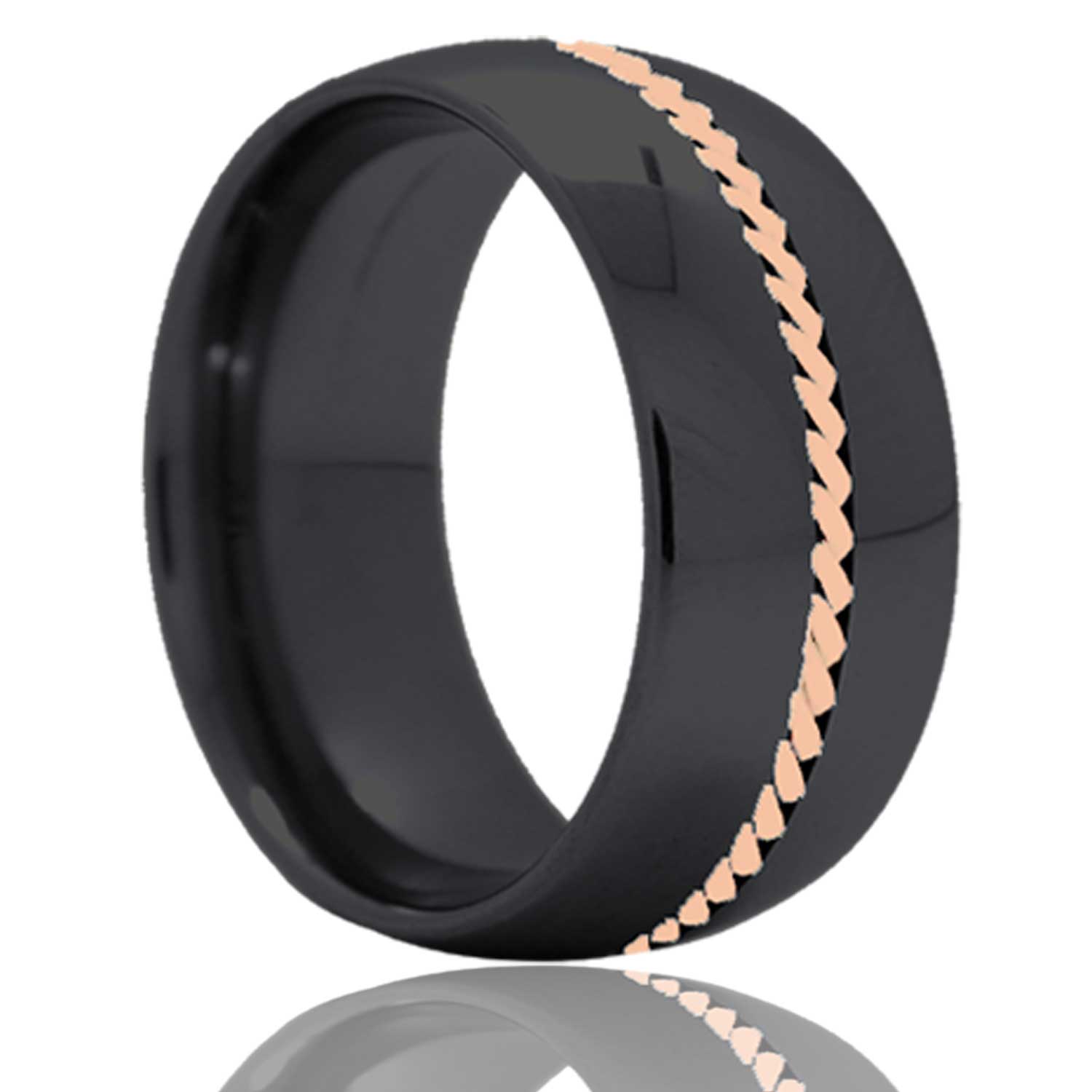 Men's Dome Zirconium band, all high polish with a 1mm hand woven 14k rose gold inlay wedding ring
