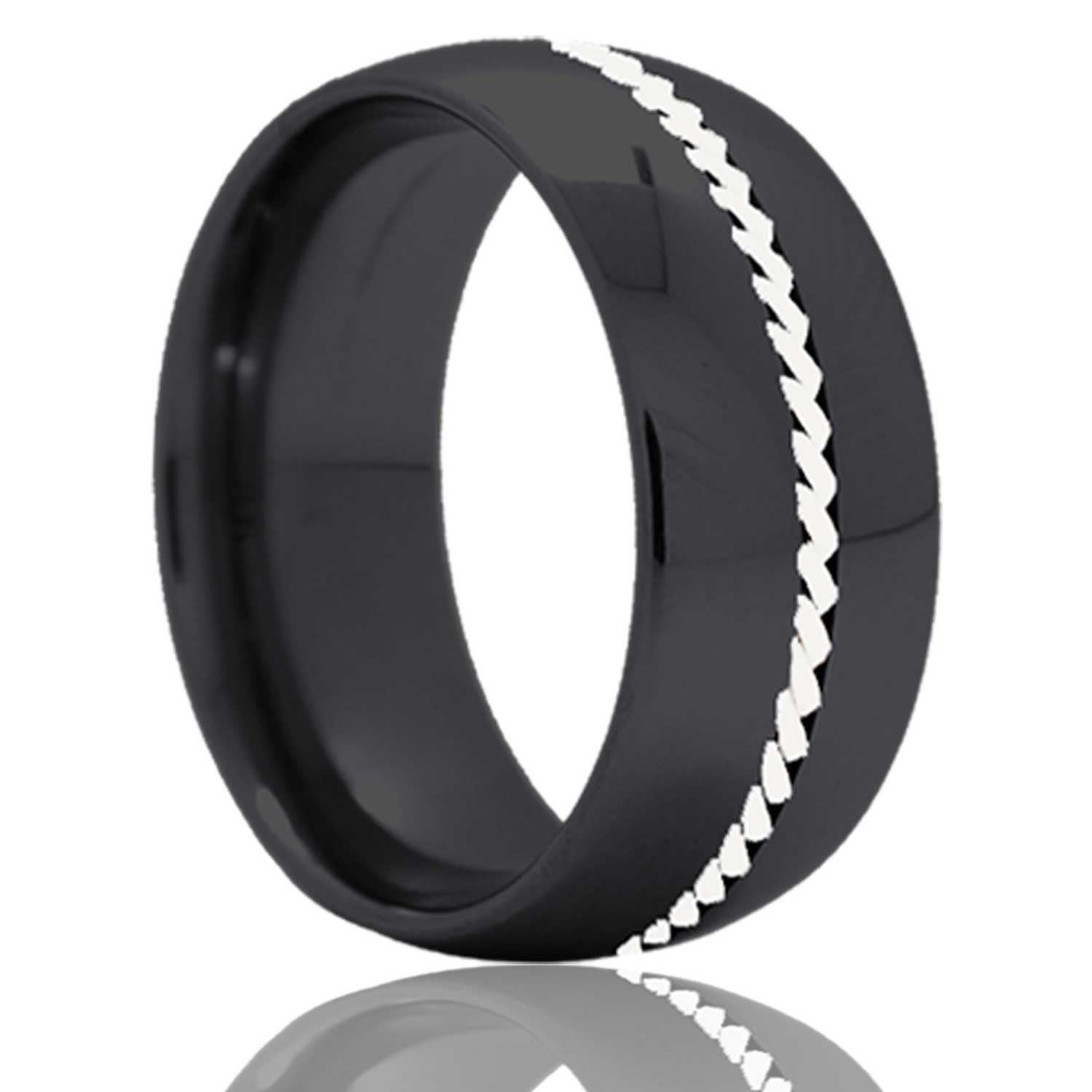 Men's Dome Zirconium band, all high polish with a 1mm hand woven silver inlay wedding ring