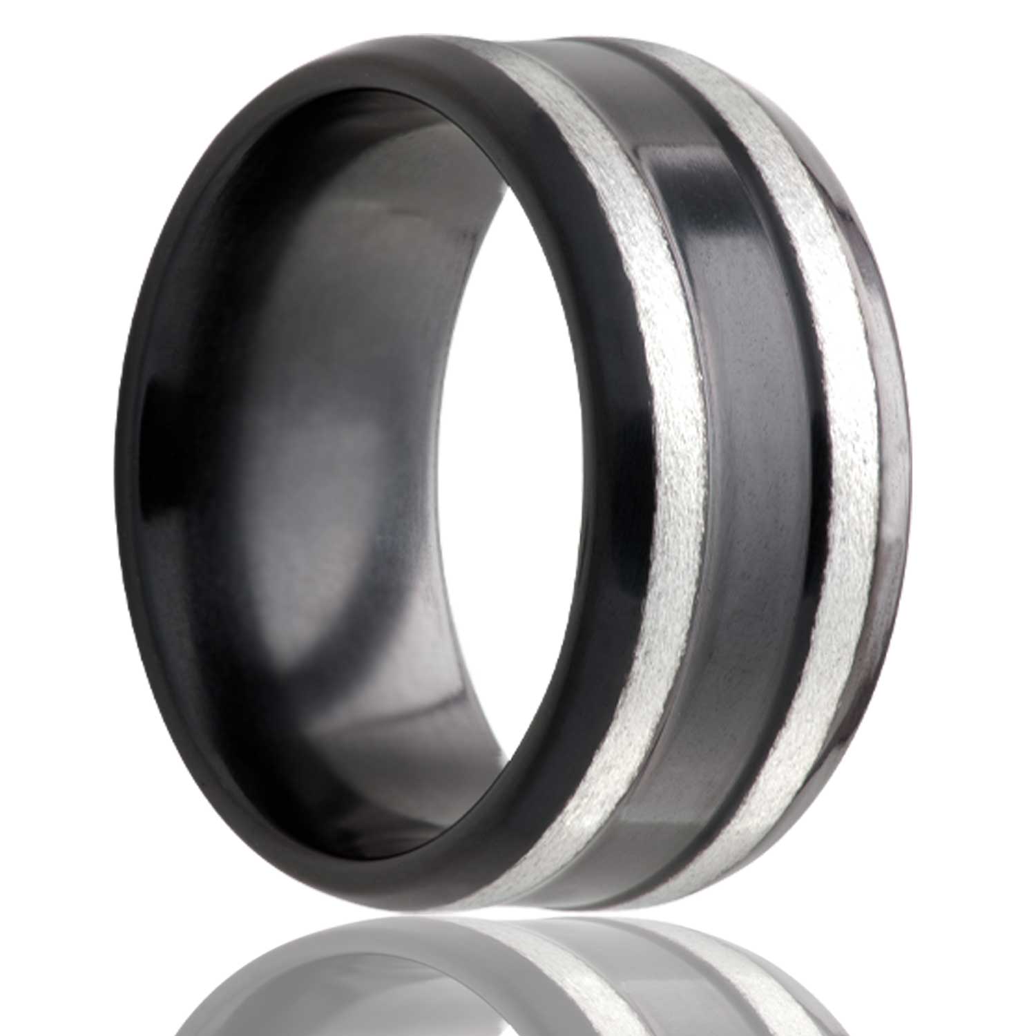Men's Beveled edge Zirconium band, high polish bevels and center with two satin finishes on the top wedding ring