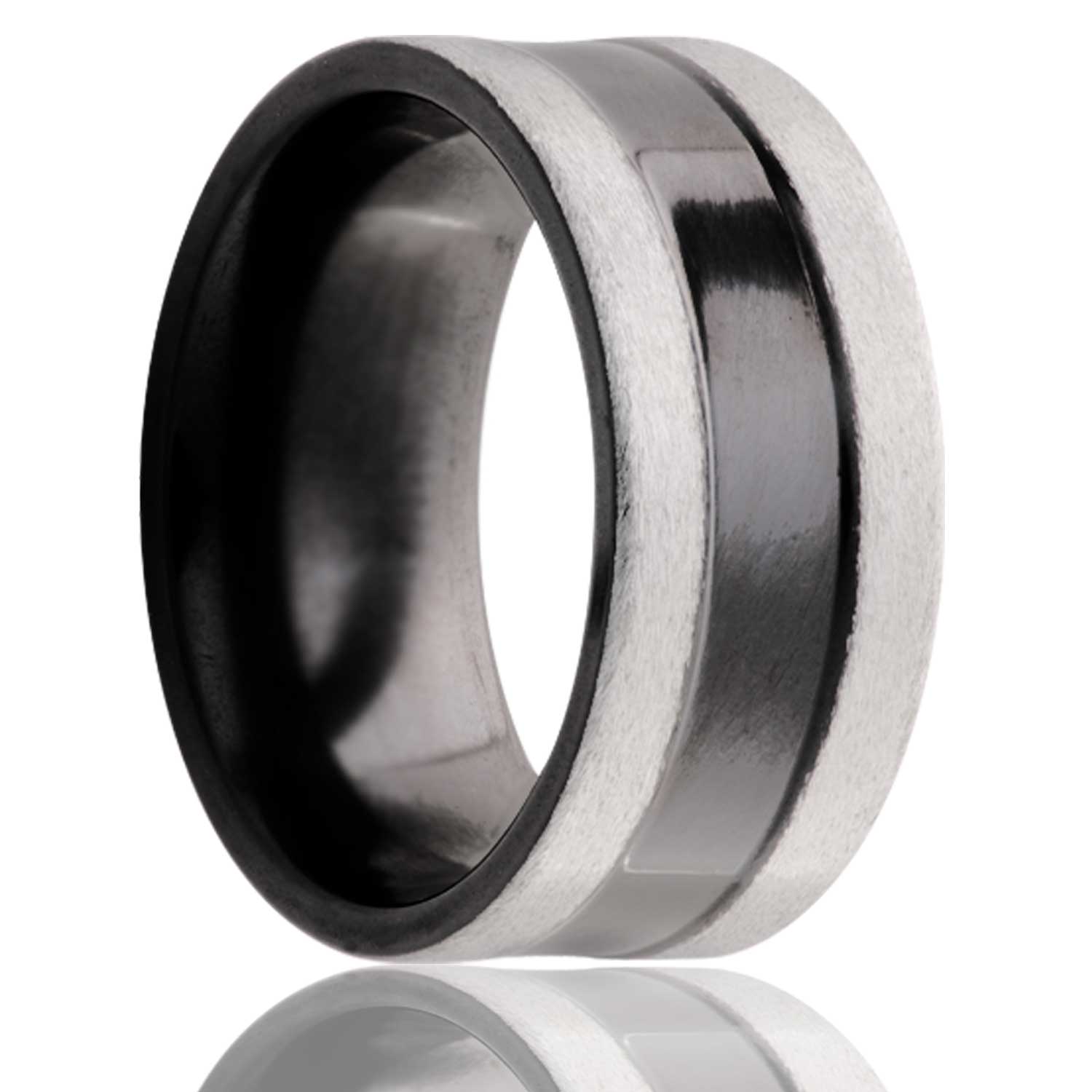 Men's Flat Zirconium band, high polish center with two satin finishes on the top wedding ring