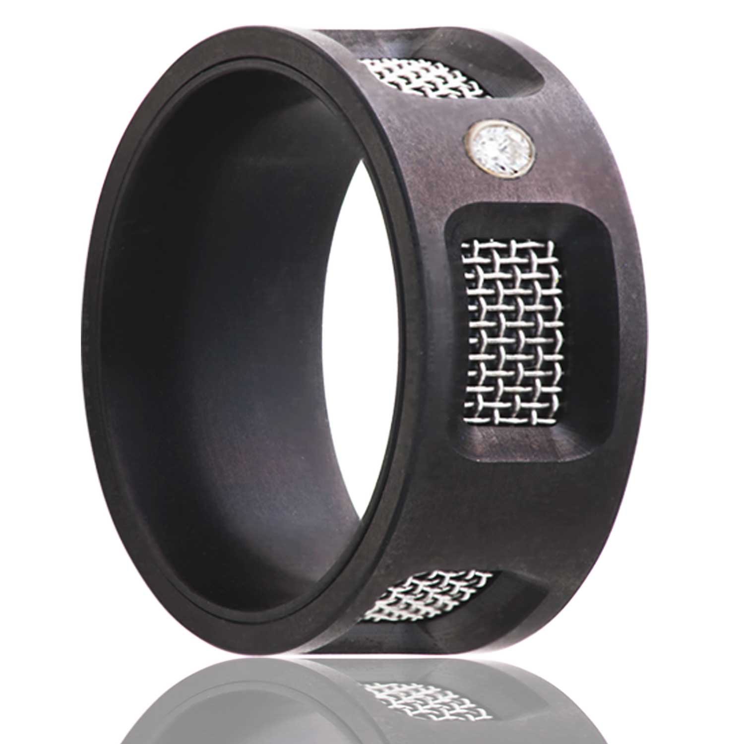 Men's Flat Zirconium band, with mesh screen and one .06 diamond wedding ring