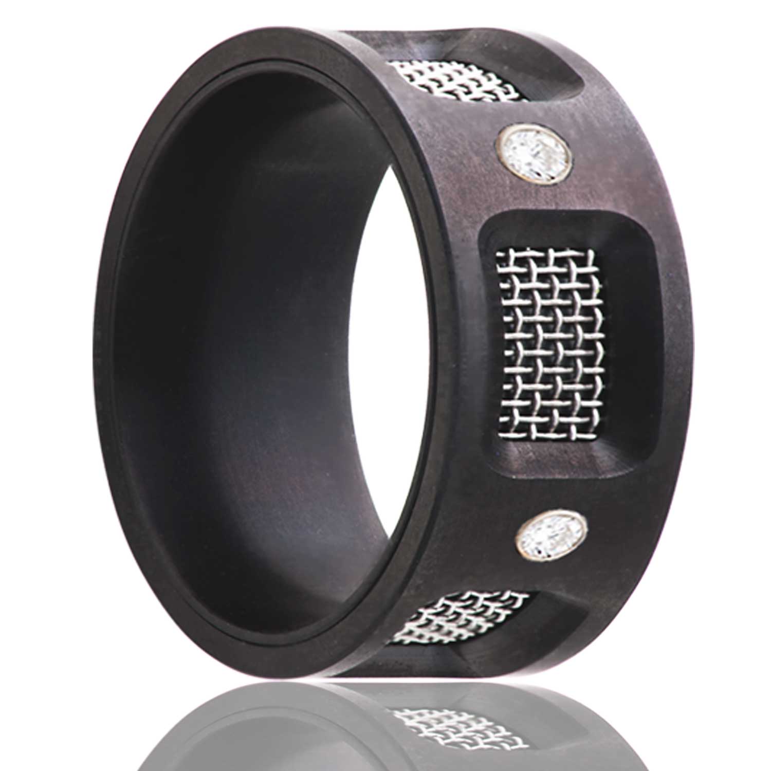 Men's Flat Zirconium band, with mesh screen and five .06 diamonds wedding ring