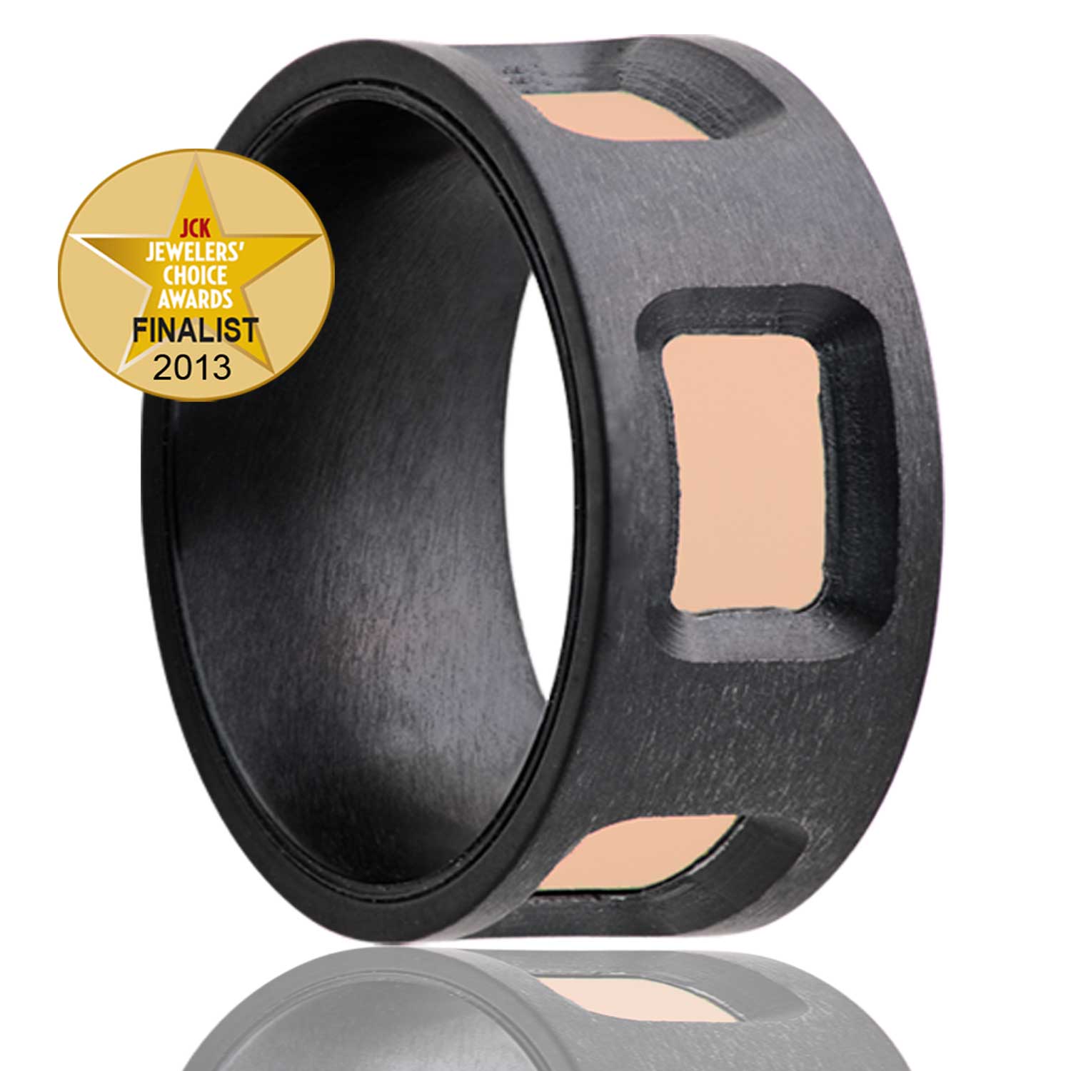 Men's 2013 Jewelers Choice Awards finalist! Flat Zirconium ring with cut out windows to reveal an inlay of 14k rose gold wedding ring