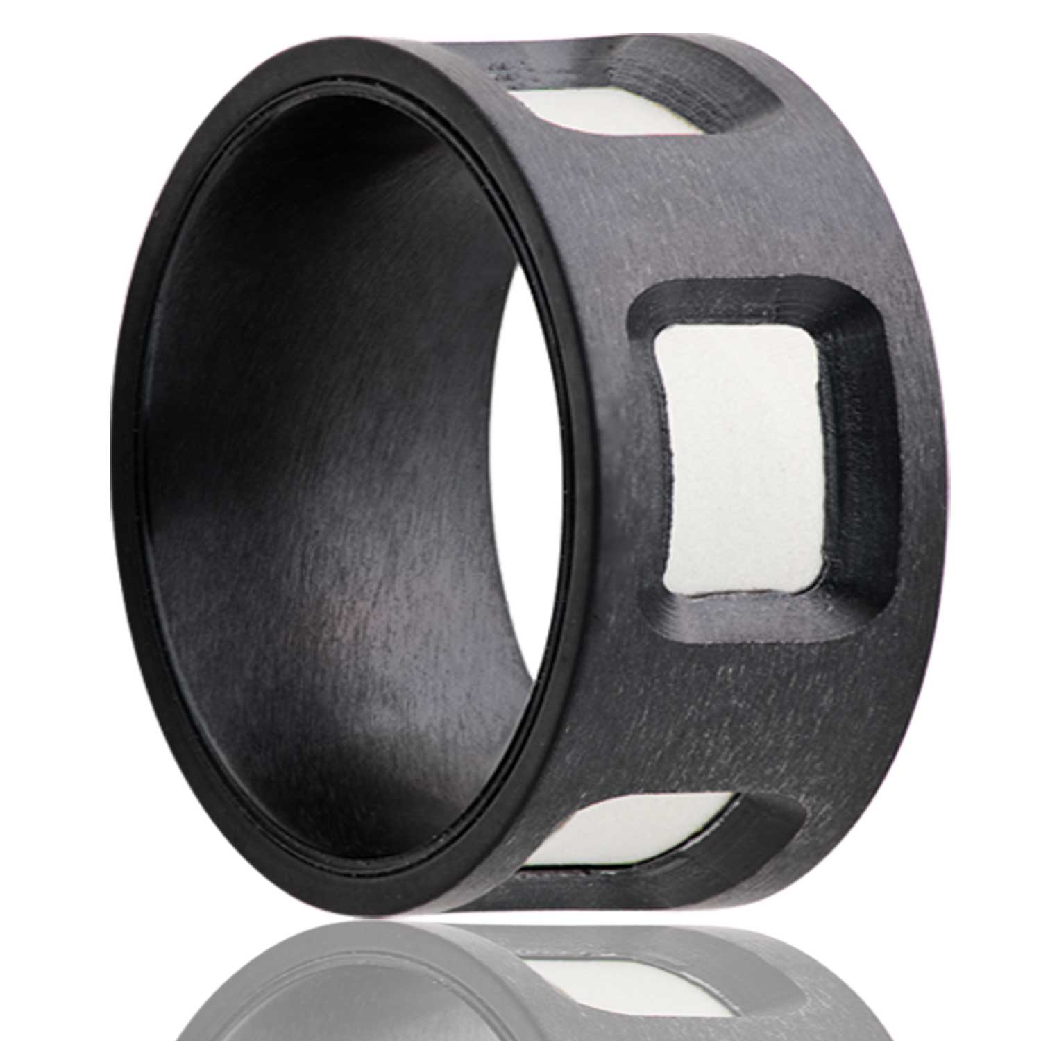 Men's Flat Zirconium ring with cut out windows to reveal an inlay of argentium silver wedding ring