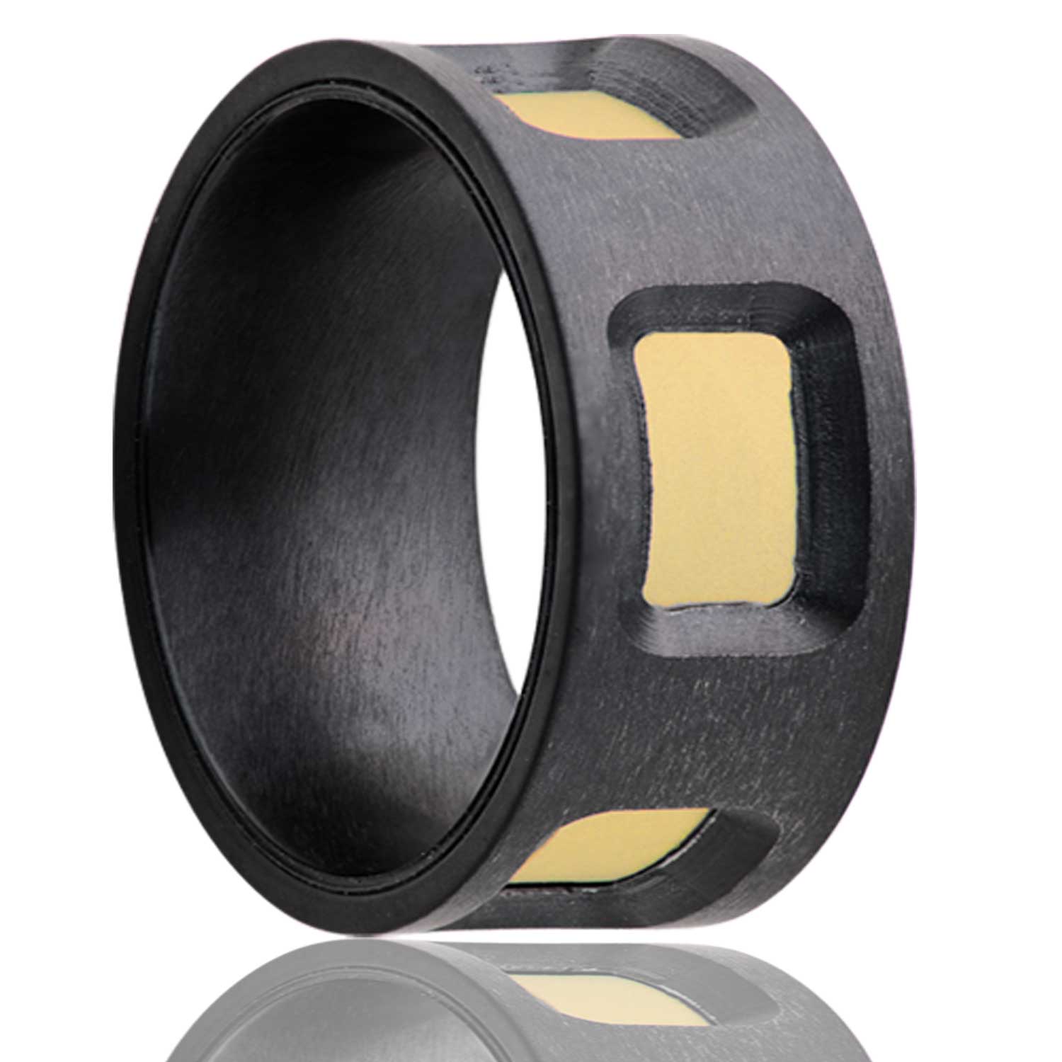 Men's Flat Zirconium ring with cut out windows to reveal an inlay of 14k yellow gold wedding ring