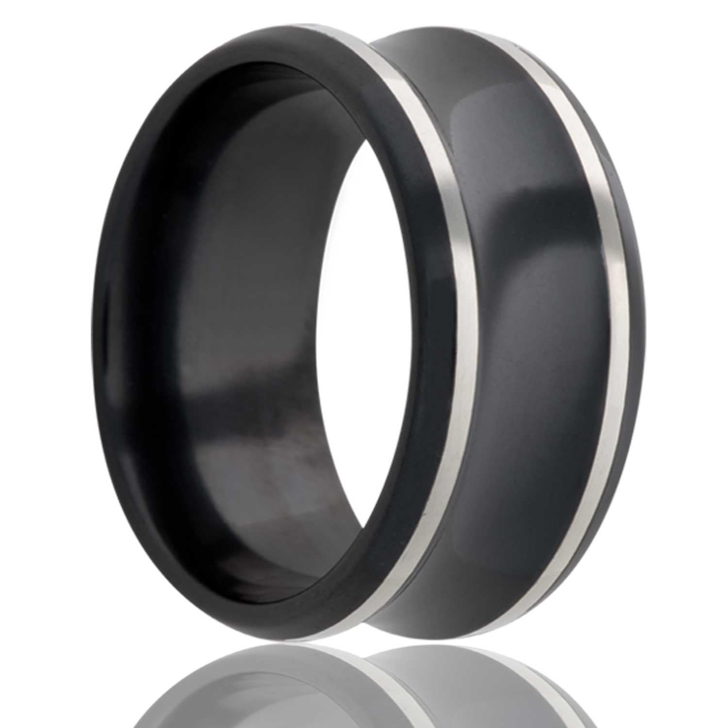 Concave Polished Silver and Black Zirconium Ring mens wedding ring