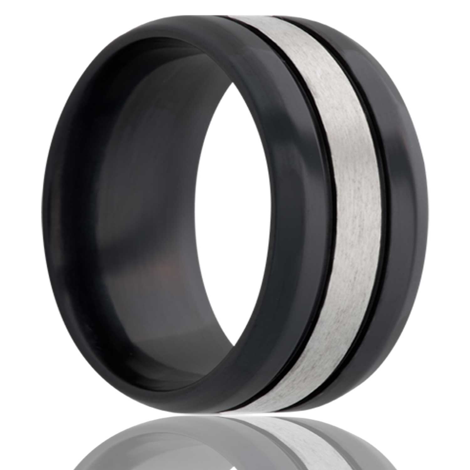 Double Groove Silver Satin Center Black Zirconium Ring mens wedding band