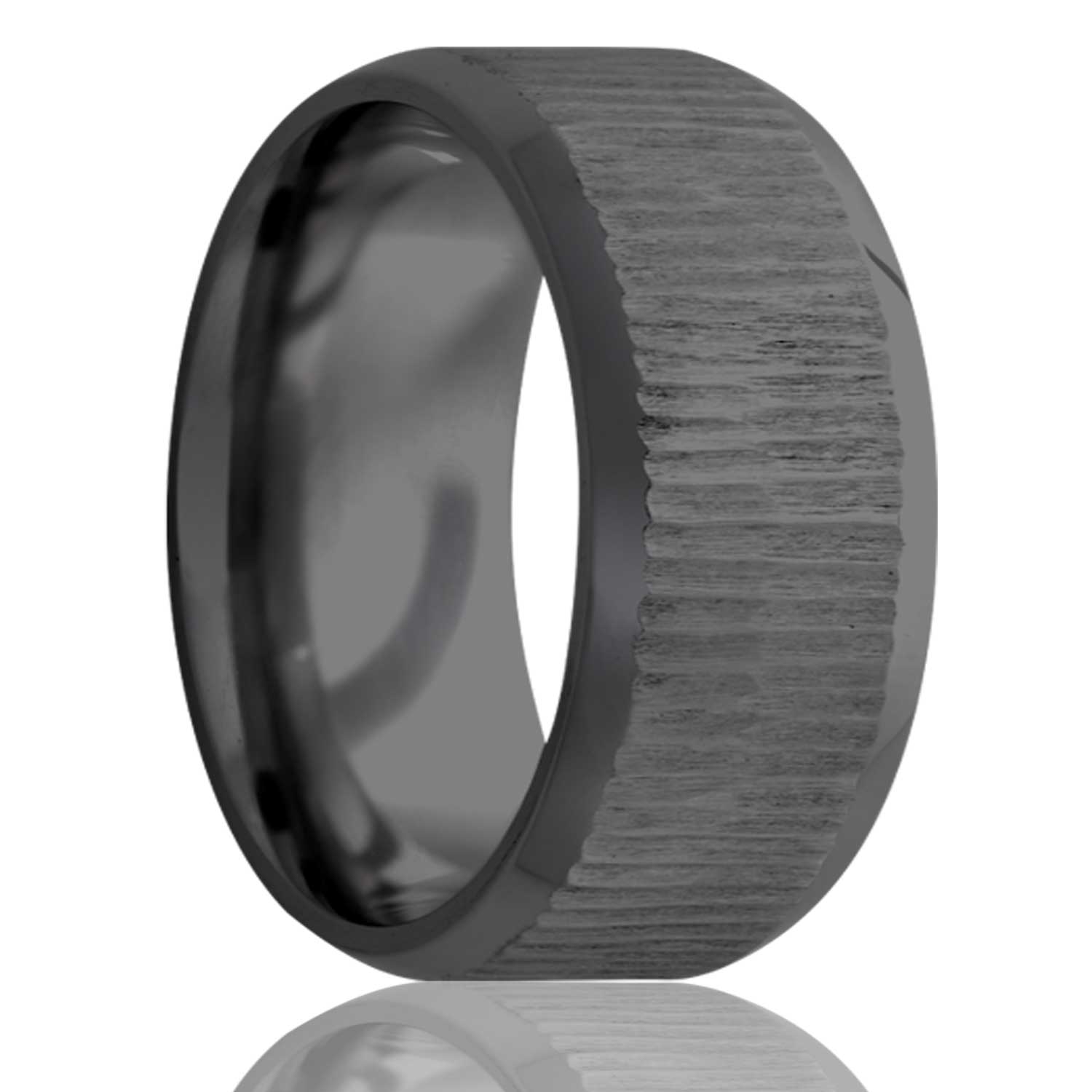 Men's Beveled edge Zirconium band, high polish bevels with Tree bark finish on top wedding ring