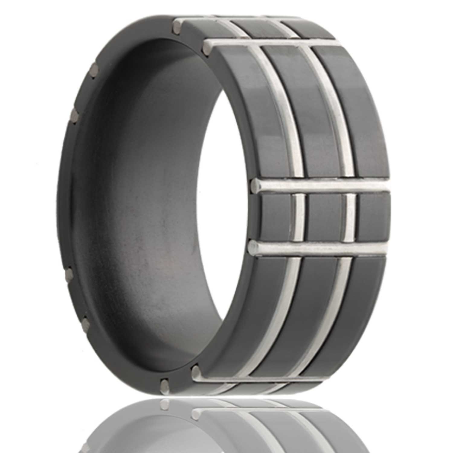 Men's Flat Zirconium ring with inlays of sterling silver Wedding Ring